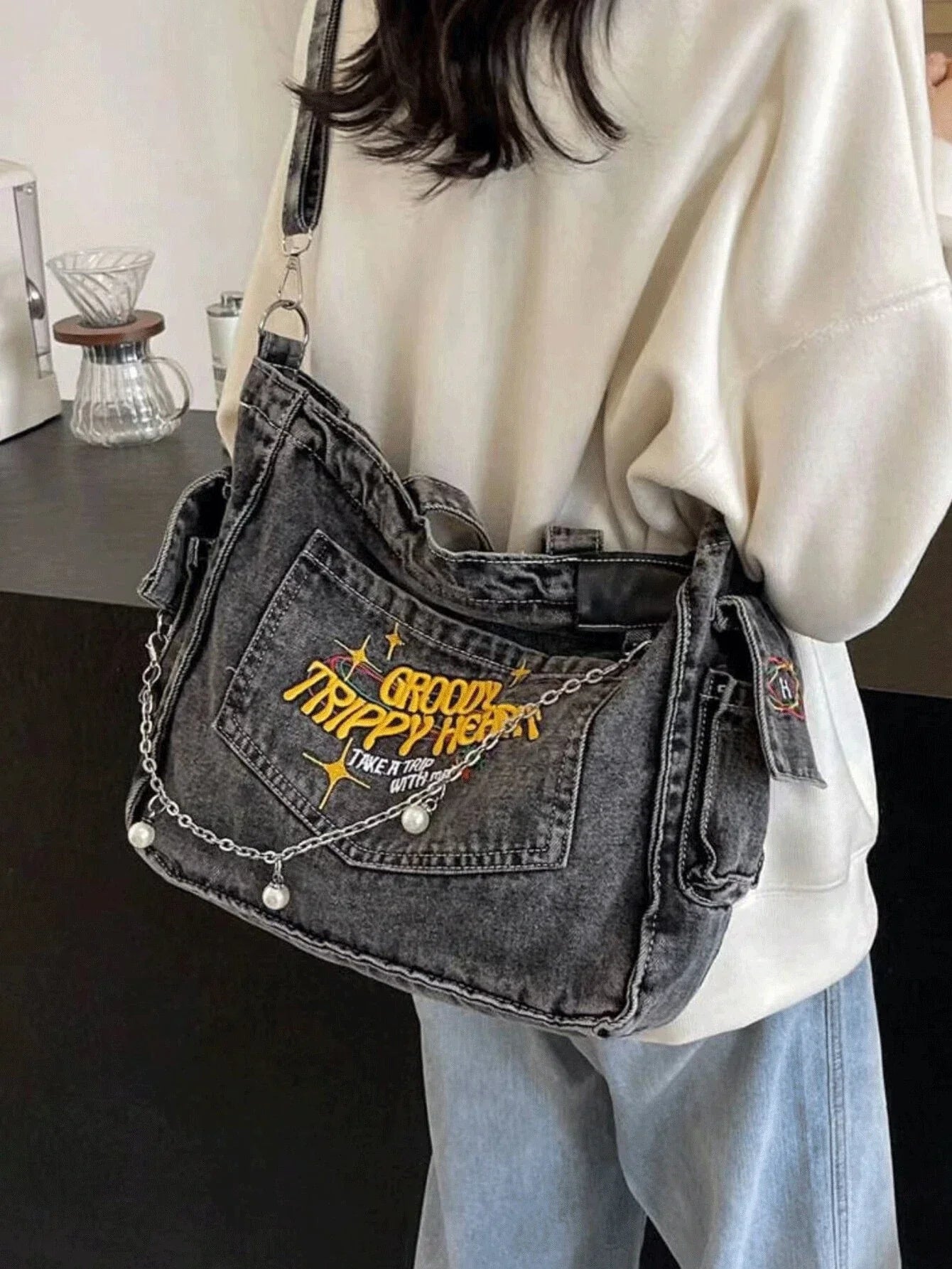 Denim Tote Bag with Hand-Embroidered Floral Design