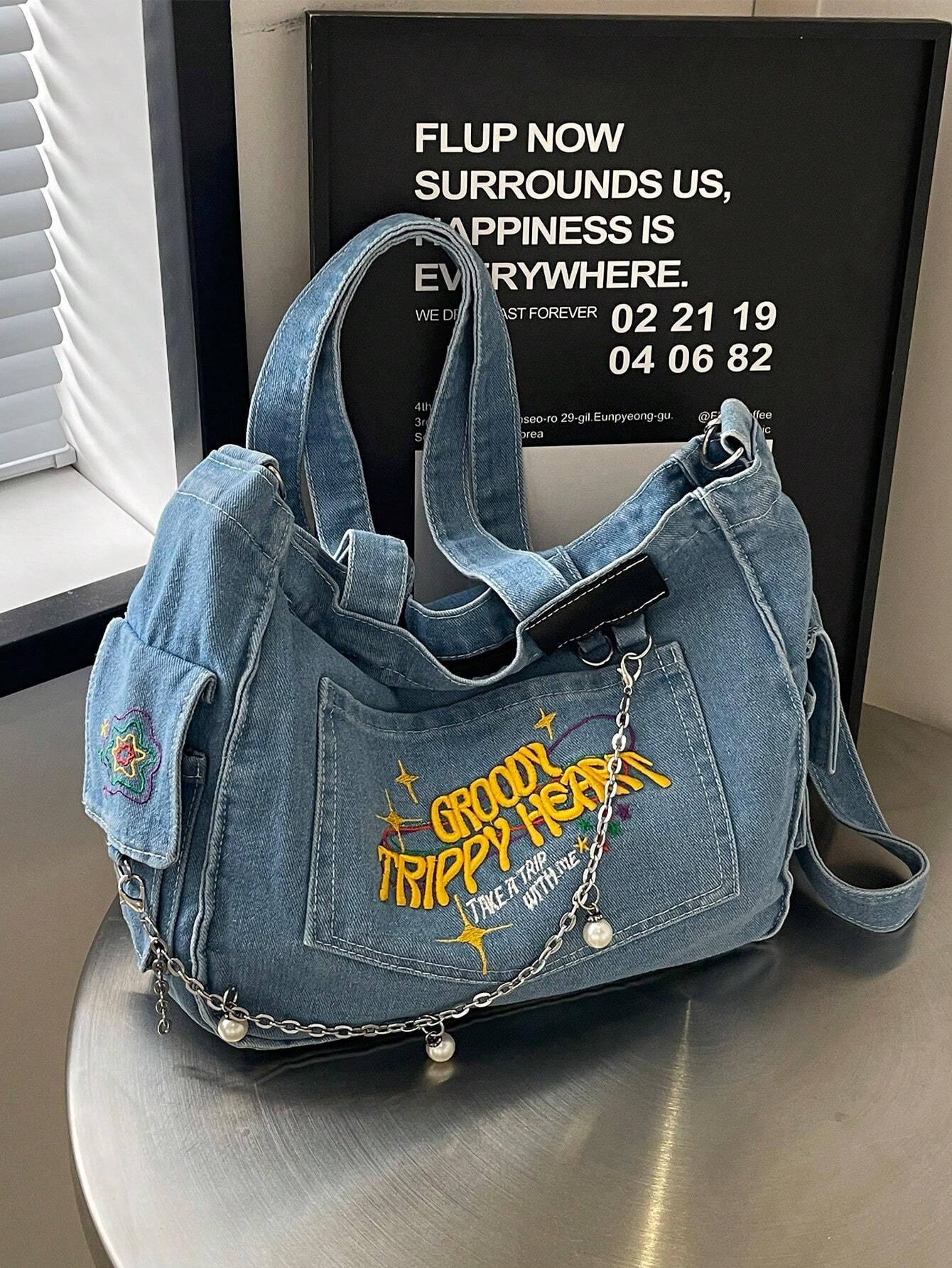 Denim Tote Bag with Hand-Embroidered Floral Design