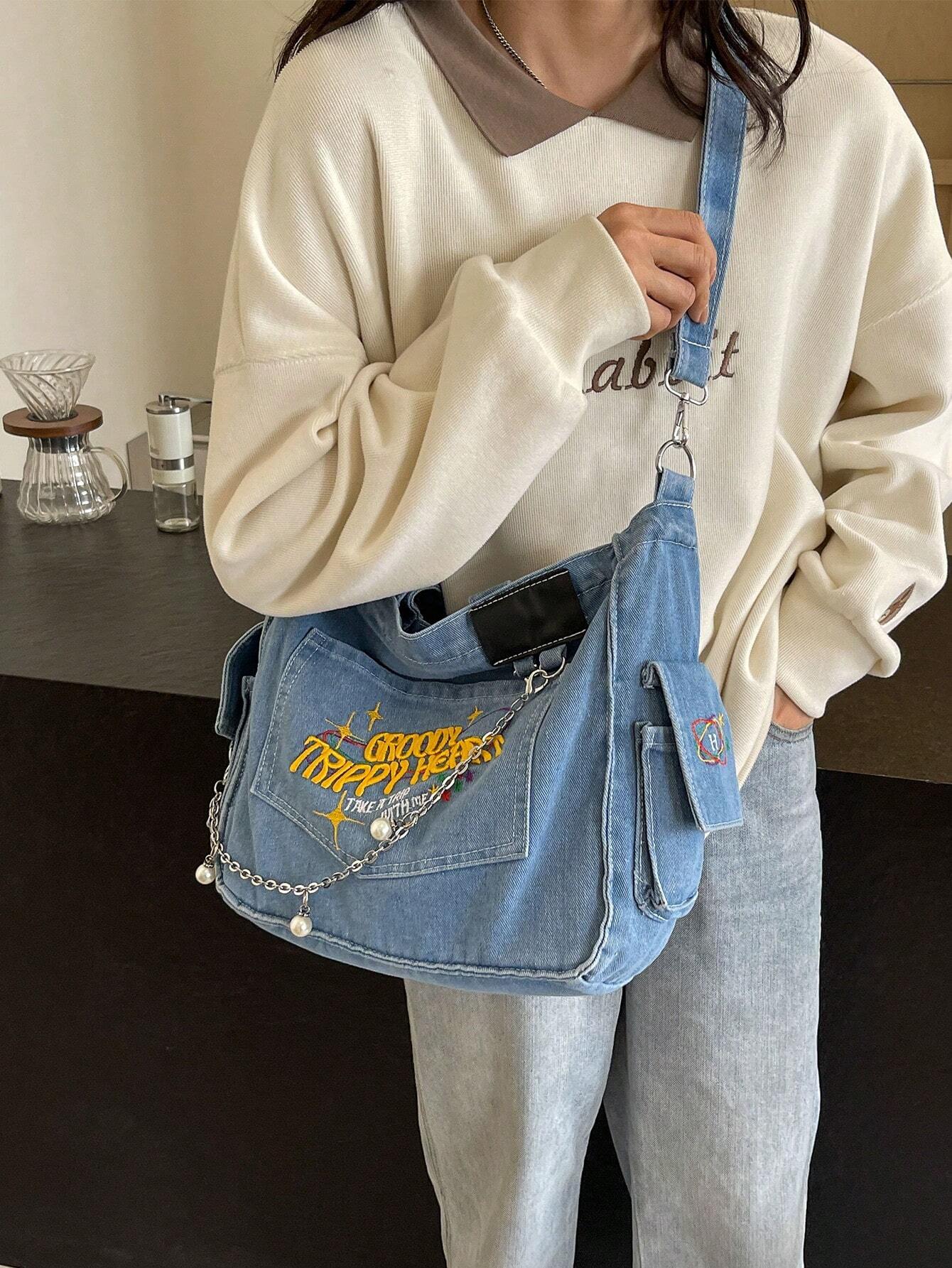Denim Tote Bag with Hand-Embroidered Floral Design