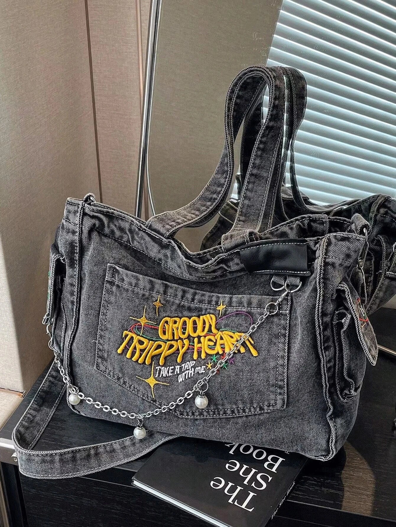 Denim Tote Bag with Hand-Embroidered Floral Design