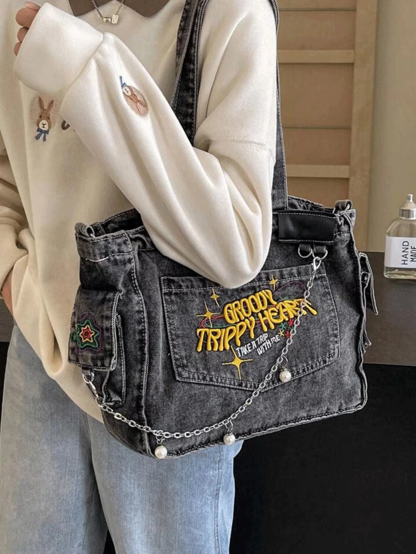 Denim Tote Bag with Hand-Embroidered Floral Design